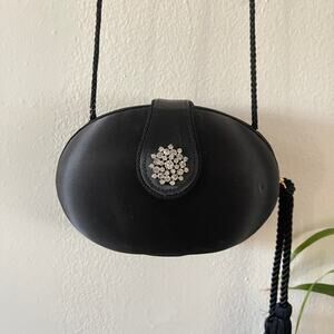 90s Vintage Satin Evening Bag Black Crystal Embellished Shoulder Purse Clutch